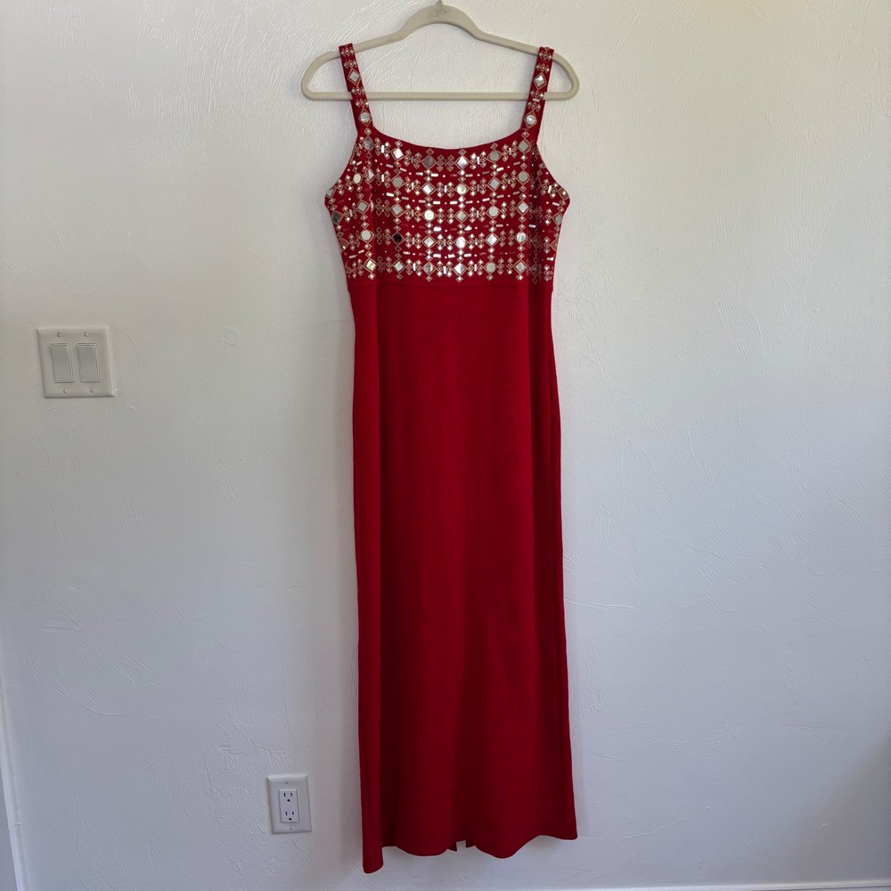 St. John Evening Red Knit Sequin Embellished Midi Dress Size 12 Flaw Formal